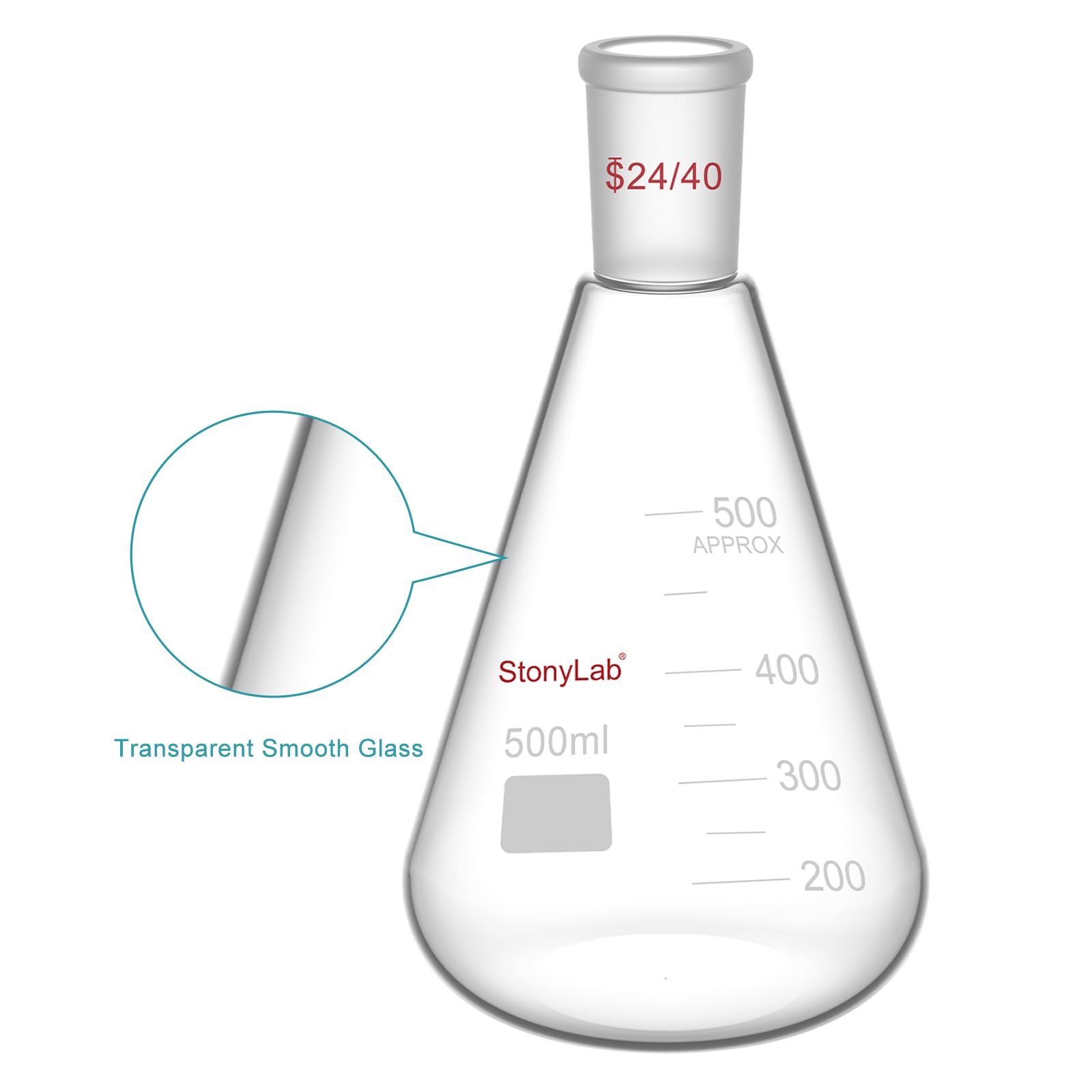 stonylab 24/40 Erlenmeyerkolben aus Glas, Borosilikatglas Schwere Wand Flasche, Labor Kolben Erlenmeyer Flask mit 24/40 Standard-Kegelgelenk - 500ml