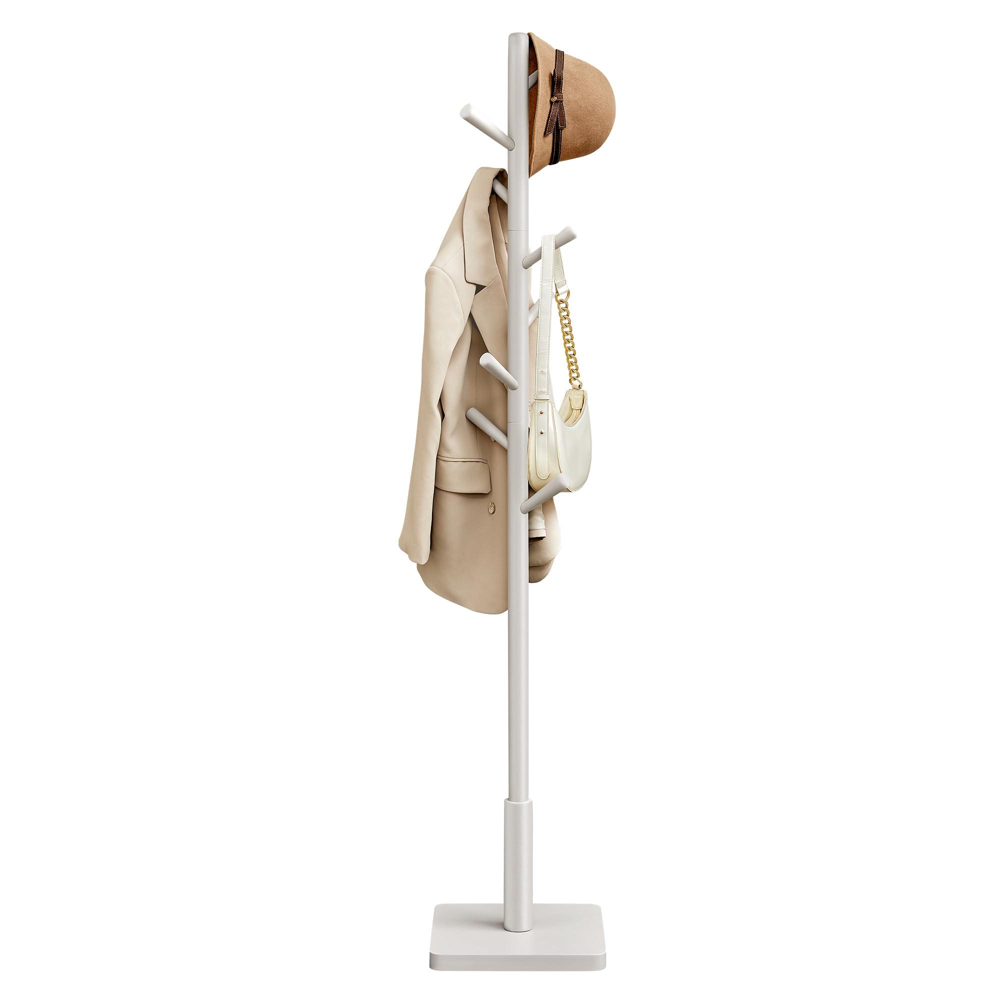 VASAGLE Coat Rack, Solid Wood Coat Stand, Free Standing Hall Coat Tree with 8 Hooks for Coats, Hats, Bags, Purses, for Entryway, Hallway, Rubberwood Hooks and Pole, Cappuccino Beige RCR010K01