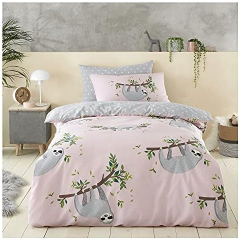 FAIRWAYUK Kids Bedding Set - Sloth Duvet Cover Single Bed with Matching Pillowcase, Ultra Soft Reversible Animal Printed Quilt Covers, Blush Pink, 137x200cm, Boys Bedroom Accessories Cover