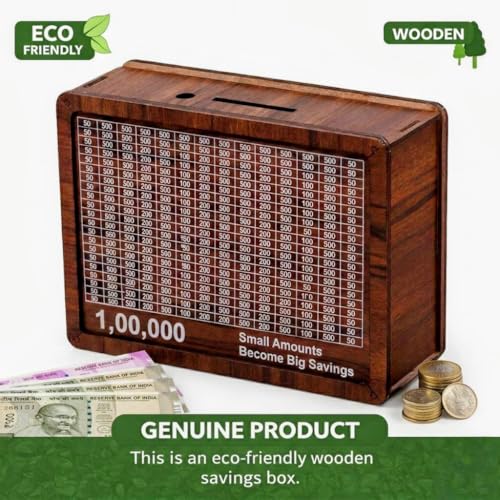 Image of 1 Lakh Savings Challenge Box, Wooden Money Saving Tracker with Goal Chart, Brown Square Gullak Piggy Bank for Kids and Adults