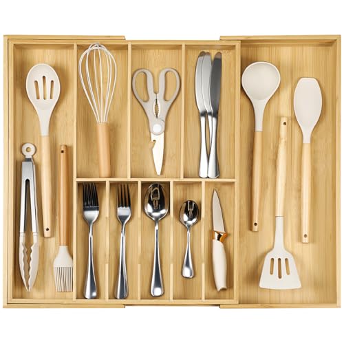 Fabsome Silverware Organizer for Cabinet Drawer, Expandable from 16.7'' to 30'' Wide Bamboo Wood...