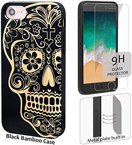 iProductsUS Skull Phone Case Compatible with iPhone 8 Plus, 7 Plus, 6 Plus, 6s Plus and Screen Protector-Black Bamboo Wood Case Engrave Sugar Skull,Built-in Metal Plate,TPU Protective Cover (5.5 inch)