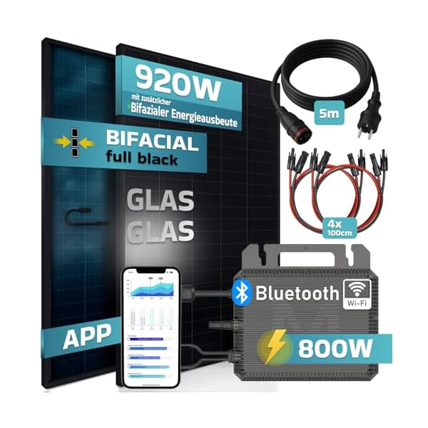 SUNNIVA 920W Balkonkraftwerk BIFAZIAL FULLBLACK komplett Steckdose MARSTEK 800 Watt Wechselrichter, PV Solaranlage Komplettset, 2x460W N-Type Glas-Glas Bifacial Solarmodule, 5m Kabel, 4x1m Solarkabel – Bild 3