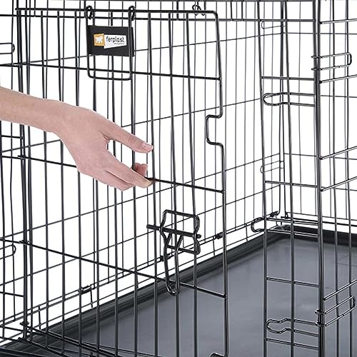 Ferplast Zusammenklappbares Hundekäfig DOG-INN 90. Faltbox für Hundewelpen, Metallgitter-Transportbox, inklusive Trennwand, zwei Türen mit Sicherheitsverschluss, 92,7 x 58,1 x h 62,5 cm Schwarz