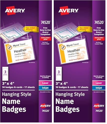 Image of Avery Name Badges with Lanyards, Print or Write, 3 inch x 4 inch, Badge Holders & Lanyards, 50 Inserts (74520) (Pack of 2)