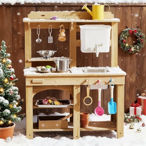 Tiny Land Outdoor Mud Kitchen for Kids, Wooden Play Kitchen with Water Tank, Water & Cooking Play, Sensory Fun, Weather-Resistant with Storage, Ideal for Toddlers Ages 3+