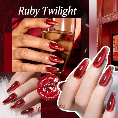 Image of AZUREBEAUTY 18ML Red Ruby Cat Eye Magnetic Gel Nail Polish | Red Glitter Gel Polish Magnetic Shimmer Effect Soak Off UV French Nail Art Design Salon DIY Manicure Gift for Women