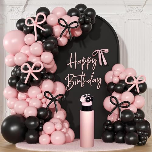 Kit Arche Guirlande Rose Noir - 114 Pièces Arche Ballon Noir avec Latex Ballons Rose et Longs, Pink Décoration pour Anniversaire, Mariage, Baby Shower,...