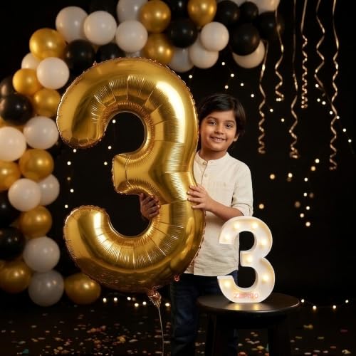Image of Balloonistics Gold 40-Inch Foil Number 3 Balloon with Matching LED Marquee Light - Combo Set for 3rd Birthday, Anniversary, Party Decoration, Photo Booth Backdrop, Cake Table Decor