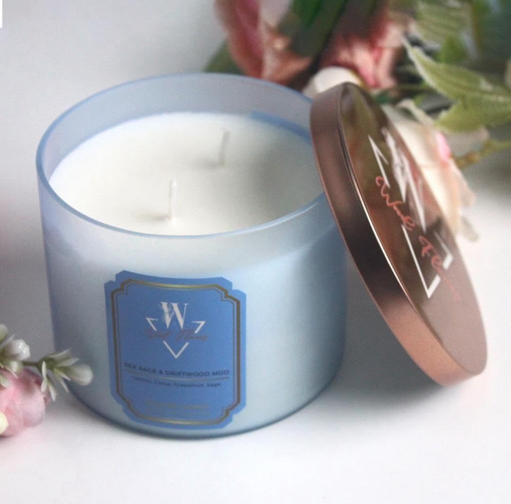 Wood Flames 2-Wick Candle w/Essential Oils - 100% Natural Soy Wax -14.5 oz Scented Candle (Sea Sage & Driftwood Mod)