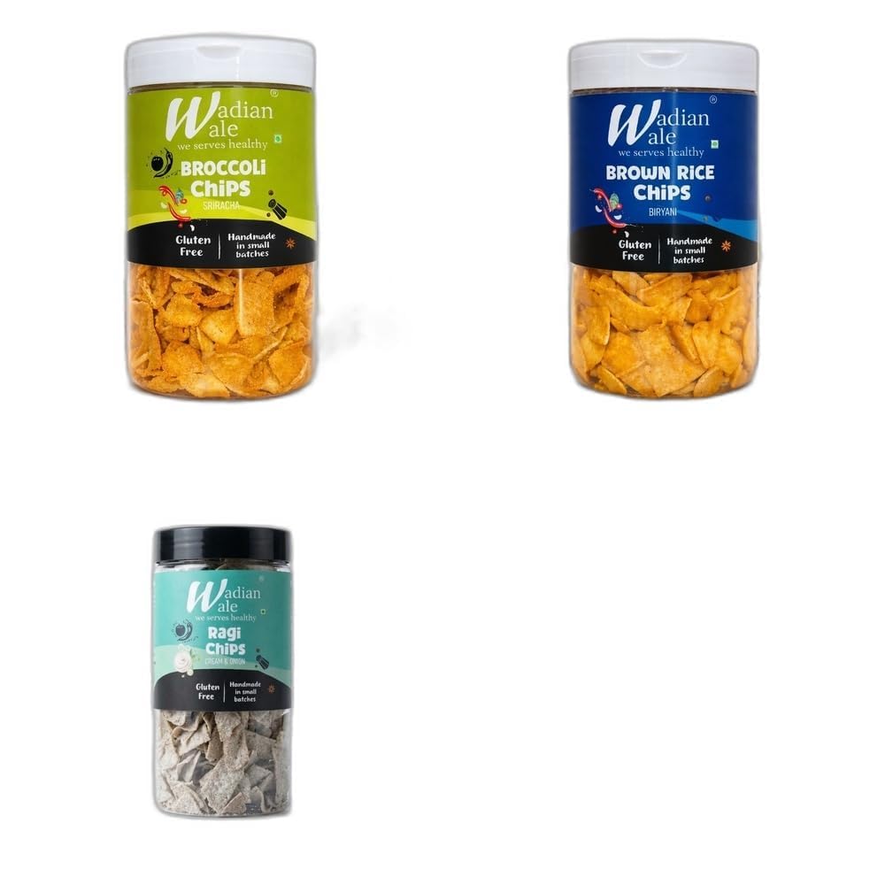 wadianwale healthy diet broccoli sriracha gluten free chips & brown rice biryani chips & ragi masala gluten free chips (pack of 3)