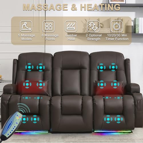 Image of URRED Power Loveseat Recliner Sofa with Massage and Heat, Wall Hugger Reclining Loveseat with Console, RV Couch Home Theater Seating with LED Lights for Living Room (Dark Brown, 76.8 inch - 3 Seats)