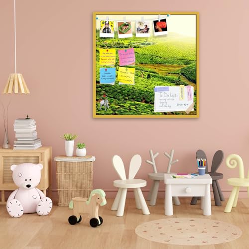 Image of ArtzFolio Tea Plantations, Munnar, Kerala | Bulletin Board Notice Pin Board | Vision Soft Board Combo with Thumb Push Pins & Sticky Notes | Golden Frame | 12 x 12 inch (30 x 30 cms)