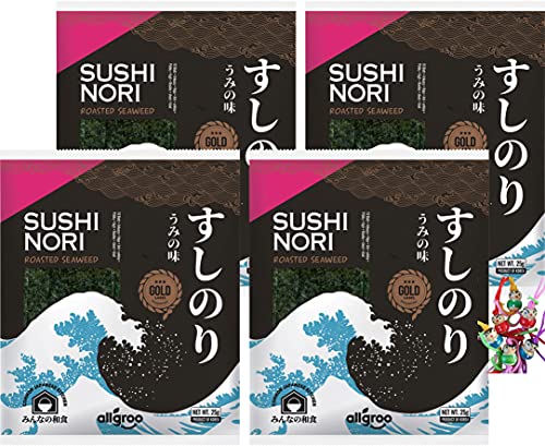 [ 4x 25g (10 Blatt) ] SUSHI Nori Gerösteter Nori-Seetang ganzes Blatt / ROASTED NORI SEEWEED / Gold Label + ein kleines Glückspüppchen - Holzpüppchen Cover