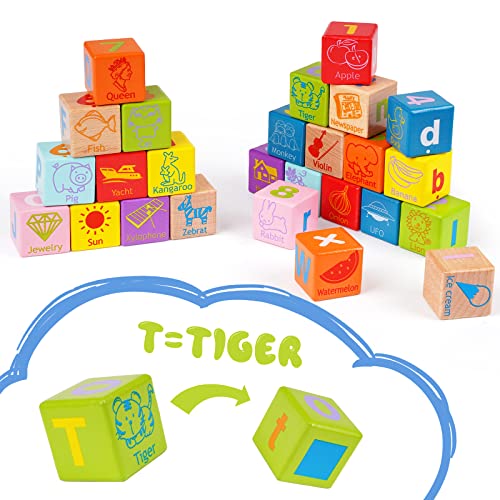 100Pcs Wooden Building Blocks Set- Wood Stacker Stacking Blocks Game Toys for Toddlers , Multiple Shapes, Numbers Blocks and ABC Alphabets Blocks- Baby Wooden Blocks for Kids Learning and Playing - Thumbnail 5