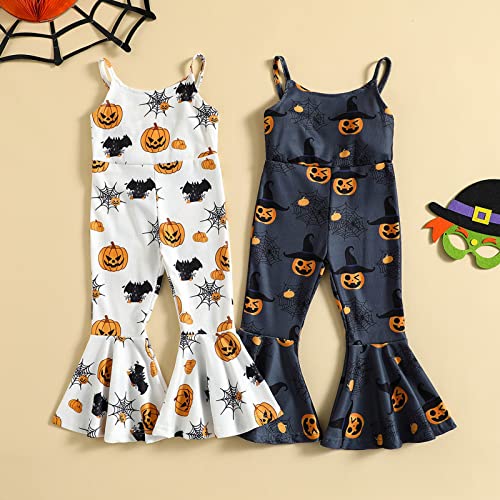 Toddler Baby Girl Floral Jumpsuits Kids Halloween Pumpkin Flower Strap One Piece Overall Romper Flare Pants Clothes (Pumpkin Black,18-24 Months) #TOP7
