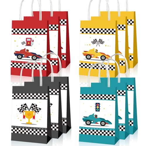 PRATYUS 12Pcs Race Car Party Bags, Racing Car Theme Goodie Gift Bags Treat Bags with Handles for Boys Girls Checkered Flag Cars Birthday Party Favor Supplies