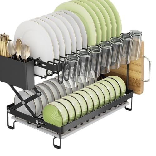 Image of HASTHIP Kitchen Dish Rack Double Layer Carbon Steel Drain Rack Cup Holder for Countertop - Multifunctional Kitchen Dish Drying Wire with Utensil Storage & Chopping Board Holder,Size 40x28x31