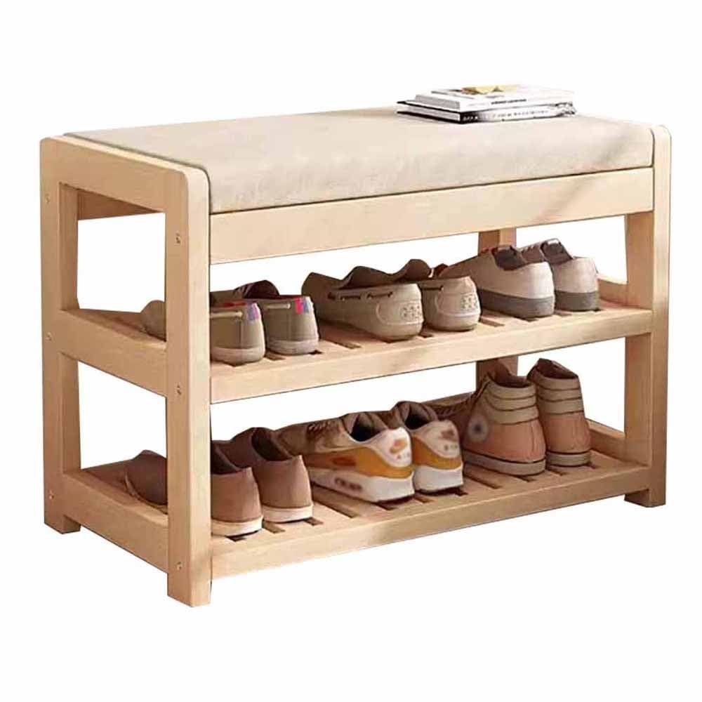MSHGSKU Bamboo Shoe Rack Bench with Cushion, 2-Tier Storage for Hallway, Bedroom, Living Room, 80kg Capacity, Stylish Shoe Organizer, Space-Saving Design, 61x31x47CM