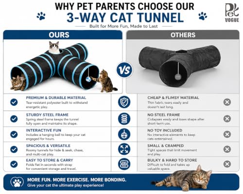 Image of PetVogue Cat Tunnel Tube Cat Tunnels for Indoor Cats 3 Way Collapsible, Kitten Bored Pet Toys with Peek Hole Ball for Kitty, Puppy, Rabbit