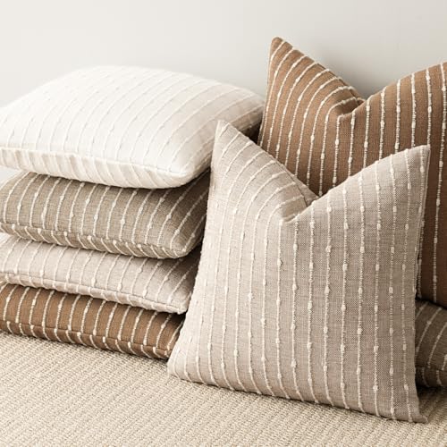 Image of Foindtower Pack of 2 Decorative Jacquard Boucle Throw Pillow Covers Accent Textured Striped Pillowcases Soft Boho Modern Cushion for Couch Sofa Bedroom Living Room Home Decor 20x20 Inch Rust Tobacco