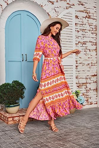 Image of Women Boho High-Waist Floral Print Maxi Dress 3 /4 Sleeve Casual | Soft Rayon, Breathable, Quick-Dry. High-Waist with Adjustable Belt, Flattering Hem. Ideal for Beach, Work & Dating.