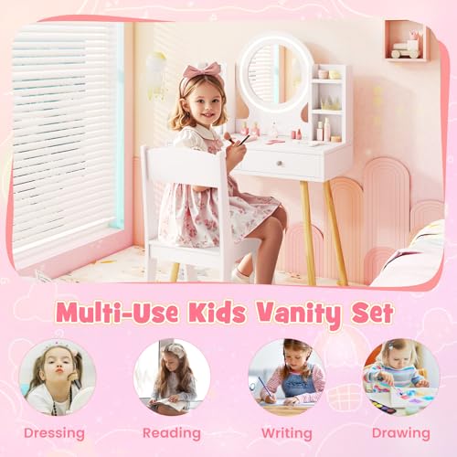 Image of HONEY JOY Kids Vanity, Girls Vanity Set with Mirror and Stool and Lights, Drawers & Storage Shelves, Toddler Makeup Vanity Dressing Table, Pretend Play Kids Vanity Table and Chair Set (White)