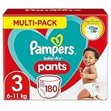 Pampers Maat 3 Baby-Dry Luierbroekjes, 180 Stuks, MAANDBOX, Eenvoudig en Leuk Verschonen Overdag en Bescherming ’s Nachts (6-11 kg)