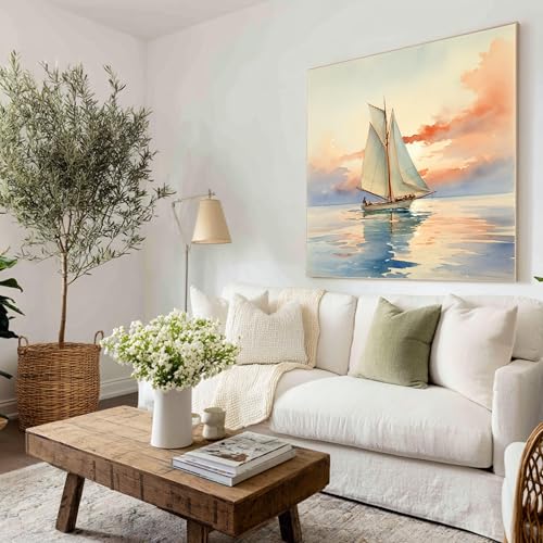 Décoration murale maison voilier aquarelle tableau toile 65 cm
