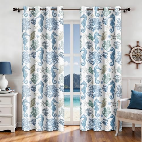 weesire Nautical Coastal Curtains Decorative Beach Ocean Seahorse Coral 50% Light Blocking Sea Darkening Grommet Curtain for Villa Living Room, Bedroom Navy Blue and White 2 Panels Set, 52x84 Inches