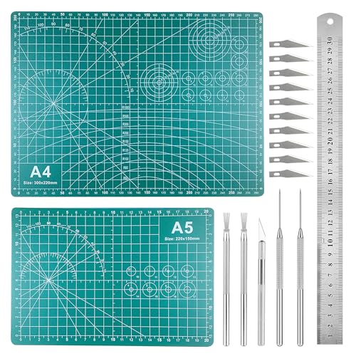 JMZLLRX 18 Pz Set di Tappetino da Taglio, Cutting Mat Piano da Taglio con Righello in Acciaio Lama Coltelli per Artigianato, Modellare Scolpire Modellismo