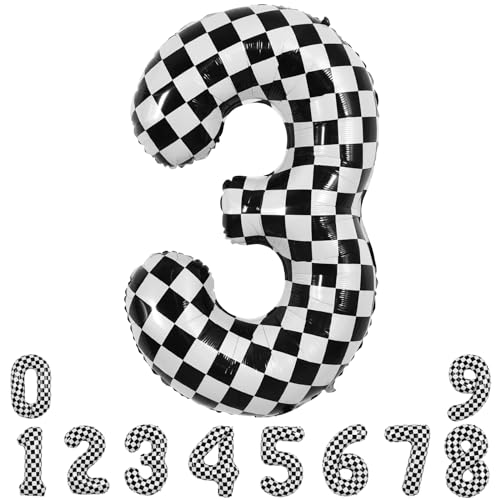TONIFUL 40 Inch Checkered Number 3 Balloon 3rd Race Car Birthday Party Supplies Black and White Large Number Balloon for Girls Boys 3rd Birthday Fast Race Car Flag Party Decorations