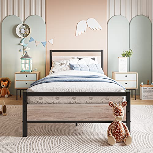 Image of BOFENG Twin Bed Frame with Wood Headboard Farmhouse Bed,Heavy Duty Metal Platform Bed Frames No Box Spring Needed,Firm Mattress Foundation Steel Slat Support Easy Assembly(Natural Oak)
