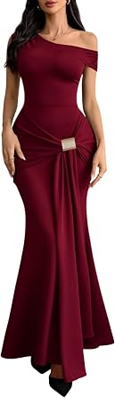 GothDark Womens Elegant Ruched One Shoulder Mermaid Bodycon Maxi Dress