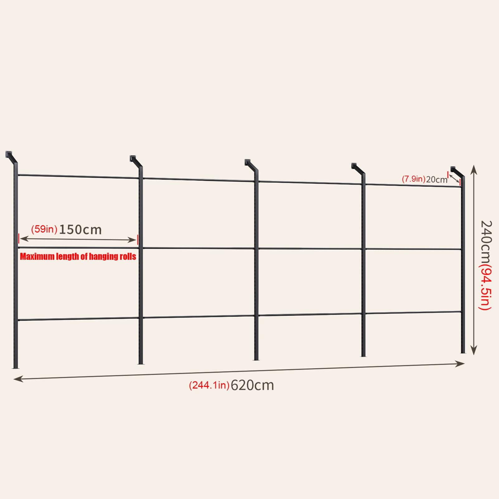 Présentoir métallique commercial de 240 cm de haut, support mural réglable pour échantillons de tissus et couvertures, étagère polyvalente pour foulards, serviettes et courtepointes, idéal p