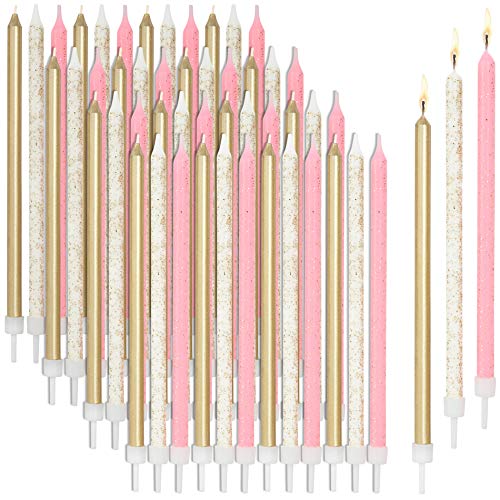 Metallic Glitter Long Thin Birthday Cake Candles in Holders (5 in, 48 Pack)