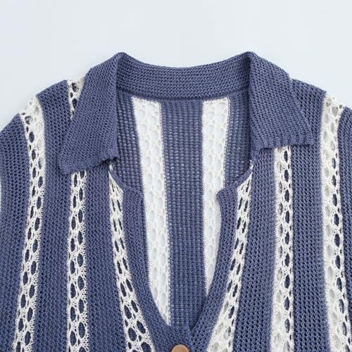 KEOMUD Women's Summer Crochet Cardigan Stripe Button Down Short Sleeve Shrugs Hollow Out Knit Crop Tops3
