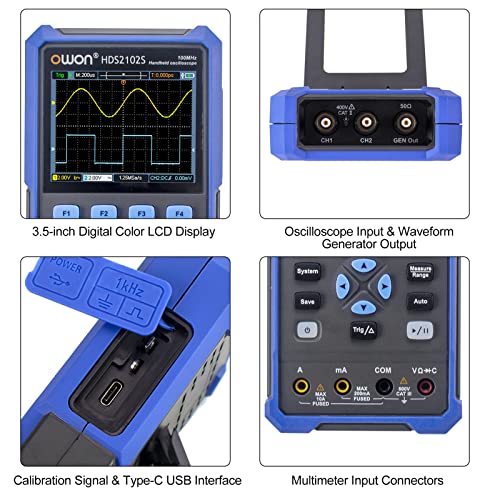 Image of OWON HDS2102S 2CH Handheld Oscilloscope 100MHz Bandwidth 20000 Counts Multiumeter OSC + DMM + Waveform Generator