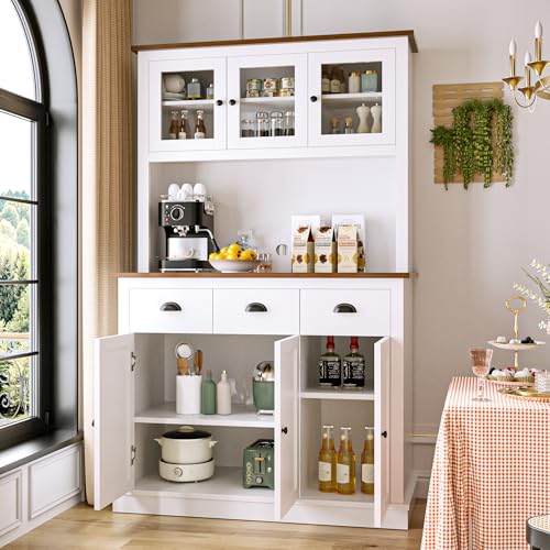 Image of MU 71 inch Kitchen Pantry Cabinet with Charging Station, Tall Pantry Hutch with Drawers, Countertop & Microwave Shelf, Food Storage Cabinet for Dining Room & Coffee Bar, White