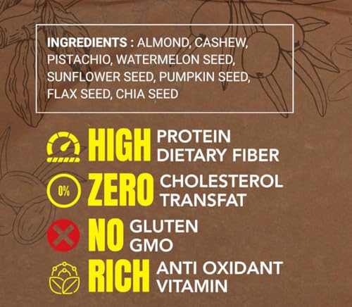 Image of Premium Roasted & Crushed Nuts and Seeds Mix, Almond, Cashew, Pistachio, Chia, Flax, Pumpkin, Sunflower & Watermelon Seed, 500g