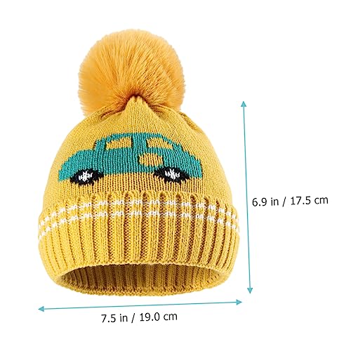 Gatuida Cartoon Car Baby Knit Hat with Plush Ball Winter Warm Hat for Boys and Girls Soft and Cozy Toddler Beanie for Infants and Newborns for Cold Weather Yellow2