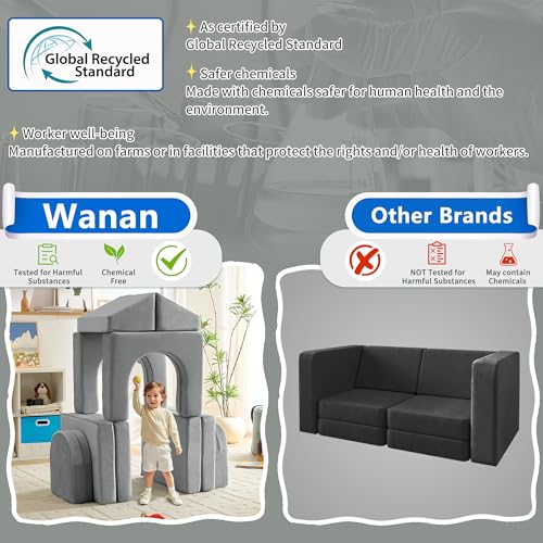 wanan Kids Couch 10PCS, Modular Kids Play Couch for Playroom Bedroom, 10 in 1 Multifunctional Kid Sofa for Playing, Creativing, Sleeping, Indoor Toddler Couches for Boys and Girls(Grey)