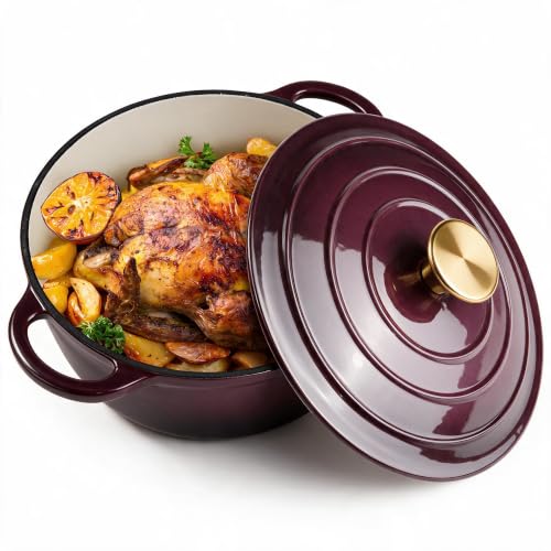 Image of Dutch Oven Enameled Cast Iron with Lid - Big Dual Handles - Oven Safe up to 500F - Classic Round Pot for Versatile Cooking 3 QT Deep Pot Fig