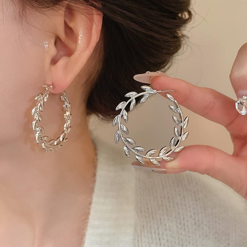 Dainty Leaf Large Open Circle Hoop Earrings for Women Sterling Silver Post Statement Polished C Shape Plant Leaves Dangle Huggie Fashion Trendy Big Hoops Drop Earring Lightweight Prom Jewelry Gifts - Image 5