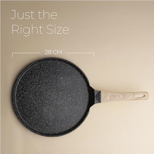 Image of Lifelong Die-cast Flat Roti Tawa with Wooden Finish Handle & Spatula for Dosa, Chapati | 28cm, 1kg | Pre-Seasoned Non-Toxic, Non-Stick & Teflon Free, Durable | Gas & Induction Stove-Friendly (LLDCT28)