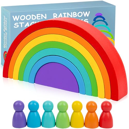 Wooden Rainbow Stacking Toy Wood Peg Dolls Stacker Arch Game Montessori Arch Bridge Rainbow Building Blocks Colorful Stacking Blocks Puzzles for Kids 2 3 4 5 Years Old Rainbow Decor Toys