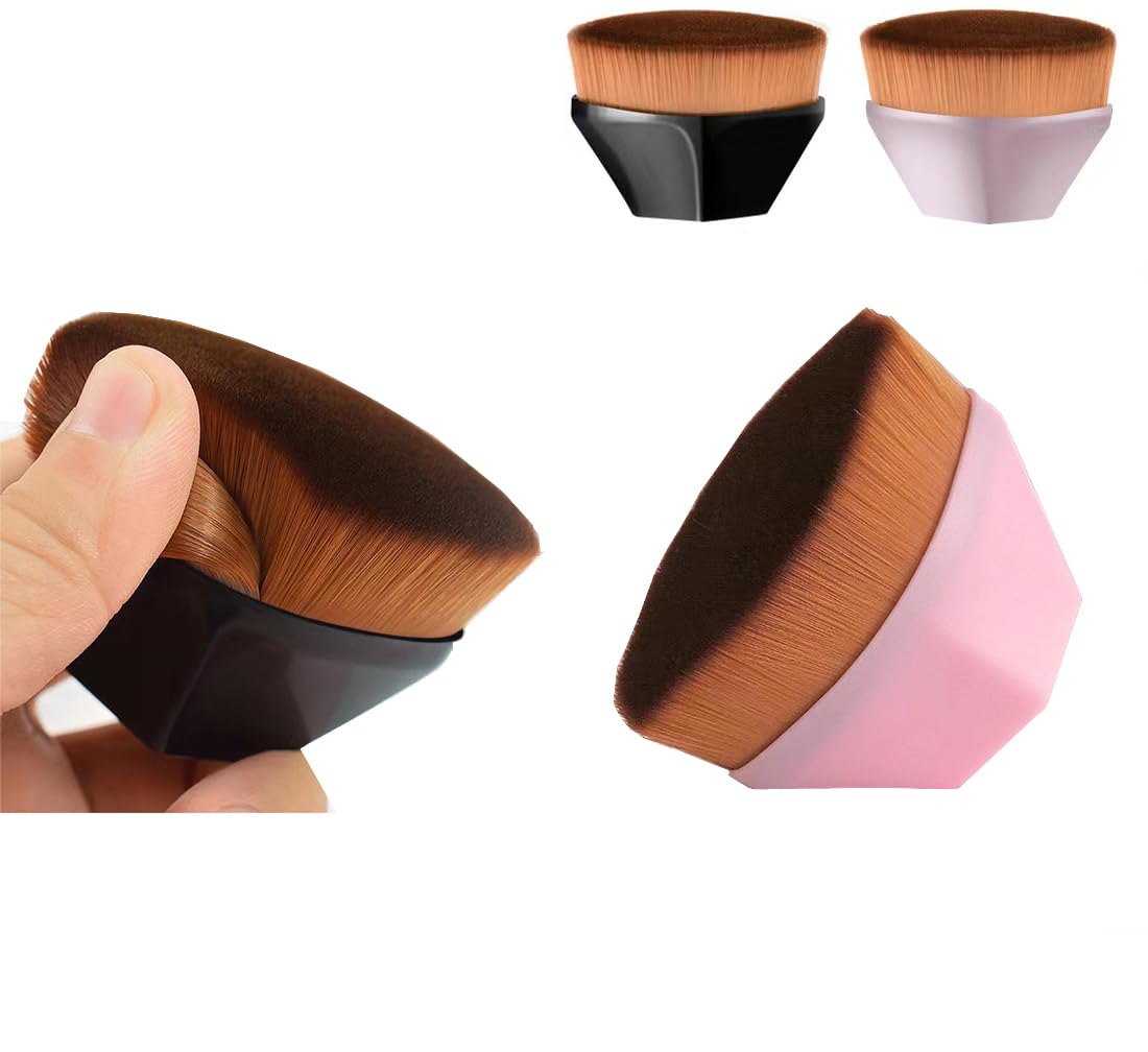 LDJYEONS (2 Piezas) Brocha de Maquillaje con Parte Superior Plana, Multiuso, Mixta, Base, Polvo, Crema Facial, Imprimación, Crema Cosmética, Corrector y otros Cosméticos (negro+rosa)