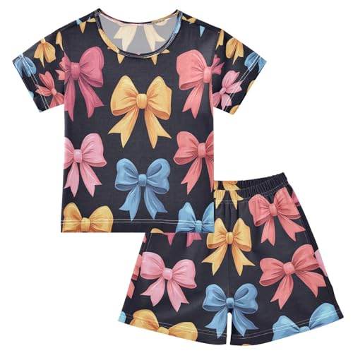 Pajama Sets Short Sleeve Colorful Bows on Black Soft Cotton Summer Sleepwear 2 Piece PJS Size 5-14T