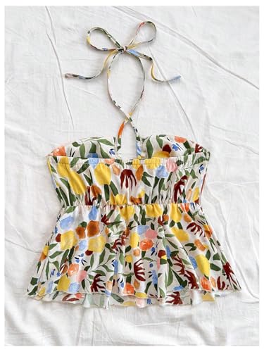 SOLY HUX Women's Boho Print Halter Cami Top Sleeveless Backless Ruffle Flared Summer Crop Tops2