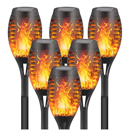 DIKAIDA 6 Pack Solar Lights Torches LED Flickering Flame Outdoor Waterproof Solar Powered Pathway Lights Landscape Lanterns Decoration Lighting Auto On/Off for Garden, Golden (Black)